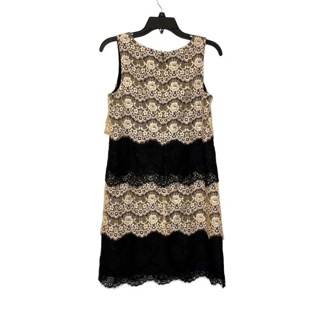 Jessica Simpson Layered Lace Sleeveless Scalloped Nude Black Shift Dress Size 4 - Picture 2 of 7